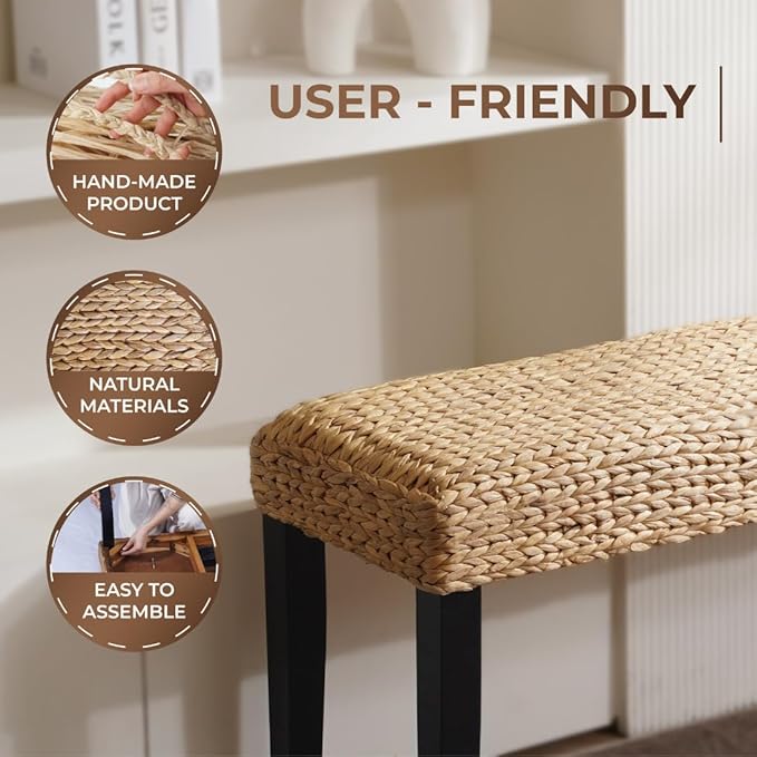 Entryway Bench with Solid Wood Acacia, 47" End of Bed Bench for Bedroom, Water Hyacinth Indoor Bench Seat, Boho Woven Bench for Living Room, Wicker Bench for Hallway or Kitchen, Wood Bench (Black Leg)