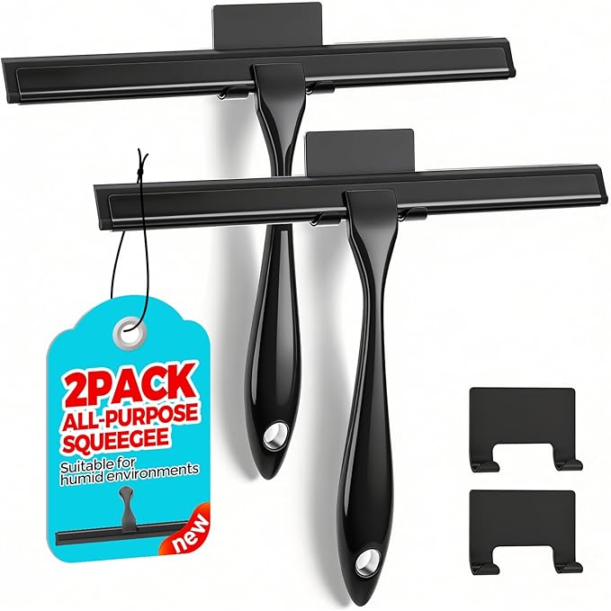 ALFLOD 2PACK 10-Inch Black All-Purpose Shower Squeegee for Shower Doors, Tile Shower Walls, Bathroom, Window, Glass and Car Windshield, Mirrors and Kitchen-Stainless Steel