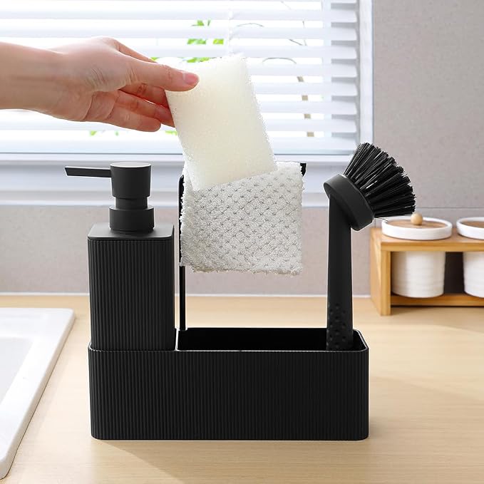 YAUKPH 4 in 1 Kitchen Soap Dispenser Set - Soap Dispenser Brush Sponge Holder Towel Rack (Striped Black)