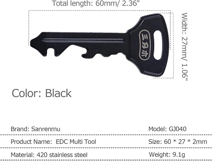 Sanrenmu Keychain GJ040 Pry BarMulti Tool with Bottle Opener Screwdriver Wheel Spoke Wrench Function Stainless Steel Small Keychain (Black)