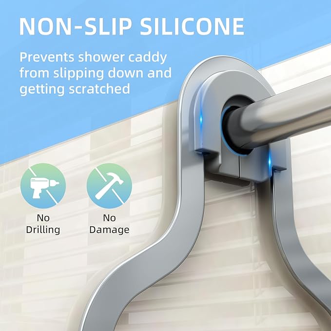Bathroom Hanging Shower Organizer, Over Head Shower Caddy Shower Storage Rack Basket with Hooks for Razor and Sponge Rustproof, Silver [Patented]