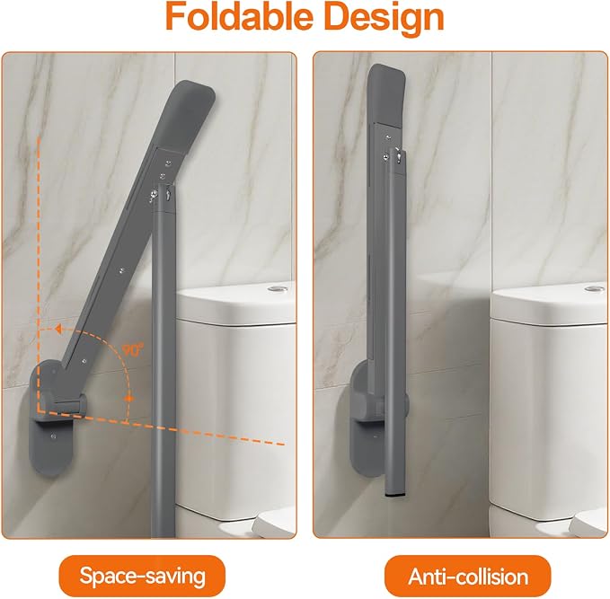 SPECILITE Heavy Duty Toilet Grab Bar - 440lb Sturdy Support, Safety Rails with Non-Slip Waterproof handrail & Night Glow Strips, Space Saving Flip-Up Design for Elderly, Disabled, Pregnant(Grey)