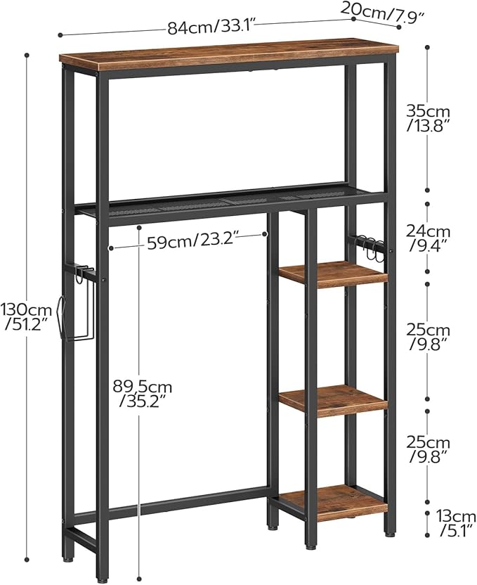 HOOBRO Over The Toilet Storage Cabinet, Freestanding Bathroom Organizer with Toilet Paper Holder, Hooks, 5-Tier Bathroom Storage Shelves for Laundry Room, Space Saver, Rustic Brown and Black BF84TS01