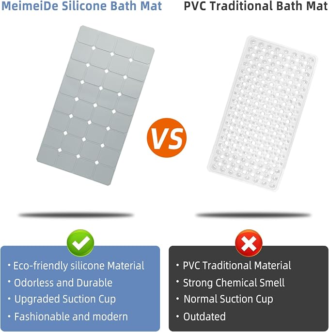 Bathtub Mat Non Slip 15" x 28" Silicone Foldable Tub Mat with Strong Suction Cups & Large Drain Holes, Durable & Eco-Friendly, for Smooth Surfaces, Ideal for Seniors, Adults Grey