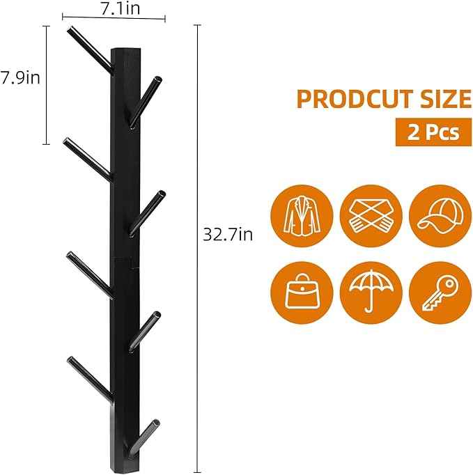 TIOPGHAD 2 Pack Coat Rack Vertical Wall Mount, Bamboo Coats Hooks Clothes Holder Hanger for Wall Coat Hat Jacket Clothing Bathroom Robes Mudroom Entryway(Black)