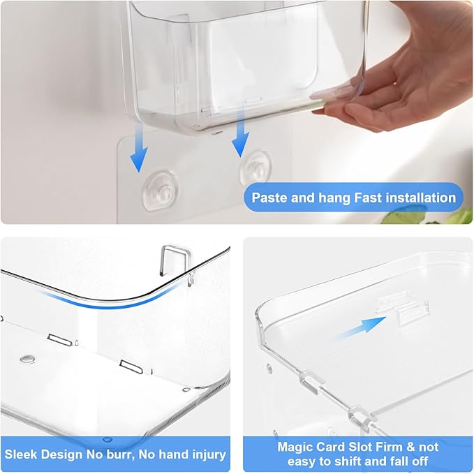 Diesisa 3pc Acrylic Wall Mount Organizer, Adhesive Clear Shower Caddies,Acrylic Soap Basket for wall,No Drilling Hang Walls,with Self Adhesive Tape, for Bathroom, Kitchen, Living Room