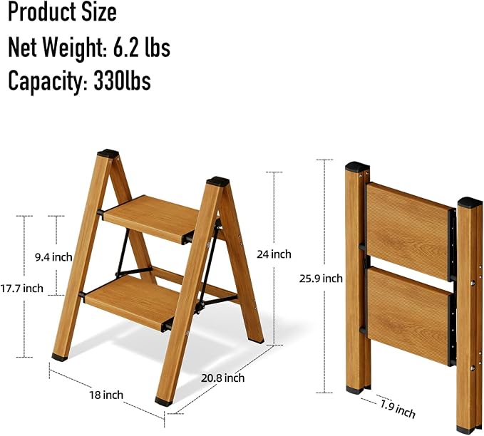 Mayi Plus 2 Step Ladder,Aluminum Folding Step Stool for Adults,Step Ladder with Wide Anti-Slip Pedal,330 lbs Capacity for Home,Office,Kitchen,Library(Woodgrain)