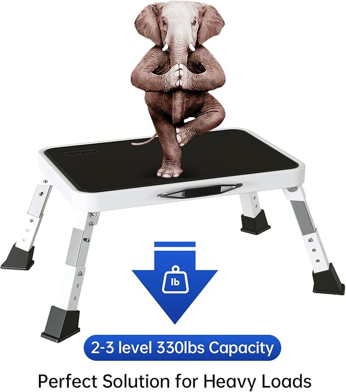 Metal Step Stool Foldable Adjustable Height Sturdy Stable Step Ladder with a Non-Slip Platform Camper Step Stool with Non-Slip Rubber Feet, Easy to Carry (White)