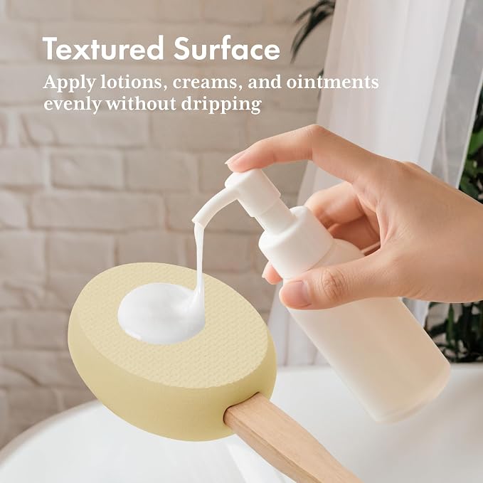 AmazerBath Lotion Applicator for Back, Feet, 4 Replacement Pads with 17" Curved Handle, Back Sunscreen Applicator for Kids, Elderly, Apply Skin Cream Medicine Moisturizer Tanner, Light Beige Yellow