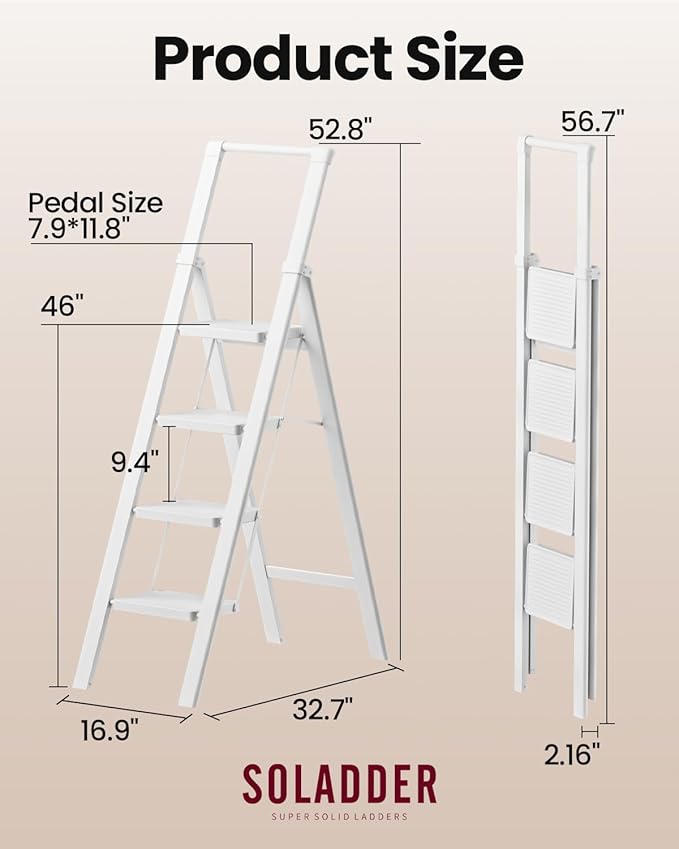 SOLADDER Step Ladder 4 Step Folding Stool with Anti-Slip Widened Sturdy Pedal and Handgrip, Portable and Multi-Use Iron Stepladder for Home, Kitchen, 300 lbs Capacity -Pure White