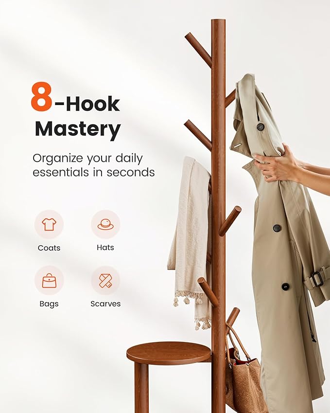 Pipishell Coat Rack, Freestanding Hall Tree with 8 Hooks & Storage Shelf, Solid Wood Base, 66.3″ Tall Coat Rack Stand for Coats, Hats, Bag in Entryway, Bedroom, Living Room, Brown