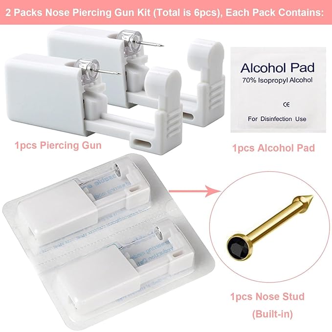 Nose Piercing Gun Kit 6Pcs Disposable Nose Piercing Kit Including 2Pcs Self Nose Piercing Gun with 2Pc Built-in Nose Stud and 2Pcs Clean Tools for Nose Cartilage Piercing Kit(Gold) (Black)