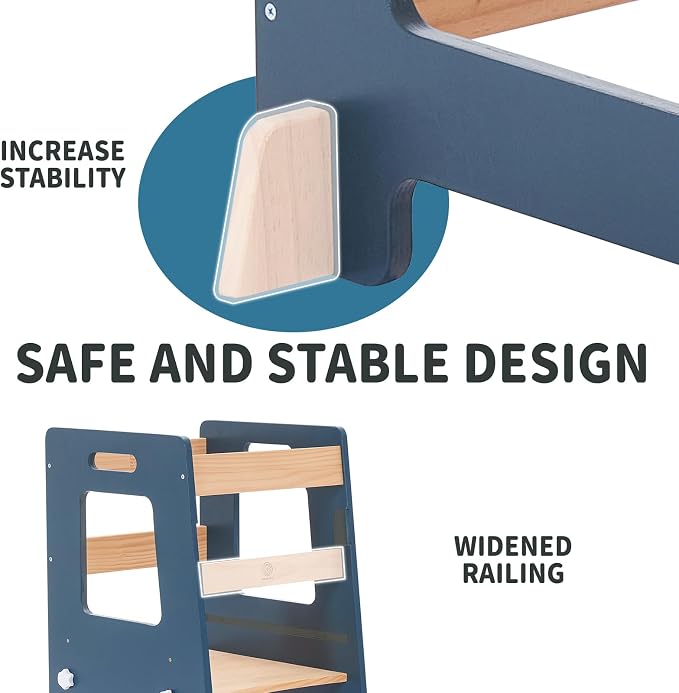 WOOD CITY Kitchen Step Stool - Safe Montessori Standing Tower for Kids with Safety Rail, Height Adjustable Toddler Ideal Helper for Learning New Skills, Anti-Slip Protection for Bathroom - Deep Blue