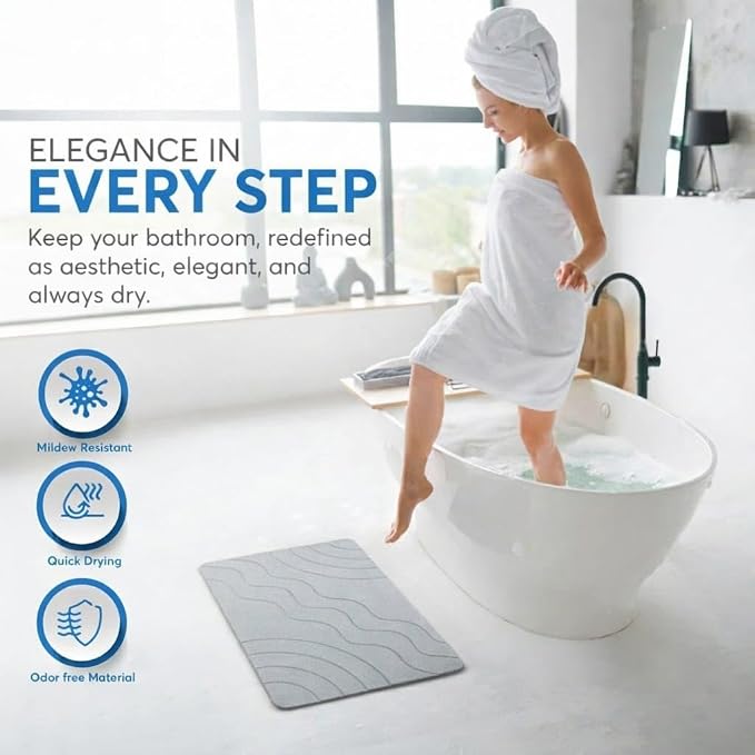 Stone Bath Mat Quick Drying Diatomaceous Earth Bath Mat Non Slip Shower Mat Super Absorbent Stone Bath Mats for Bathroom, Floor, Kitchen Counter, Easy to Clean (23.6” X 15.3”, Light Gray)