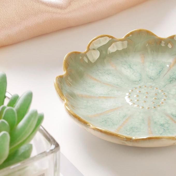 Lotus Ring Holder Dish Small Indoor Ash Tray, Ceramic Dessert Plate Trinket Jewelry Holder Organizing Necklace Earrings for Parents Friends Sister, Light Green. All Jewelries Are NOT Included.
