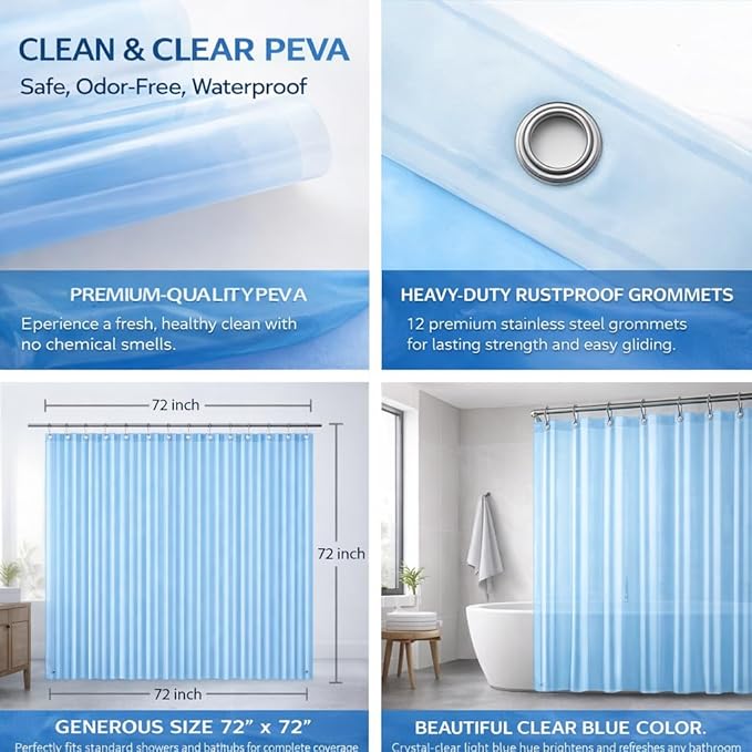 EHZNZIE Clear Blue Shower Curtain Liner 72x72, PEVA Waterproof Bath Curtain, No Chemical Smell, 3 Weighted Magnets, Durable with Rustproof Metal Grommets
