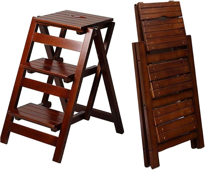 3-Step Ladder Stool, Wooden Folding Step Stool for Home & Kitchen, Solid Pine with Non-Slip Steps & Anti-Scratch Shoe Covers, 337lb Weight Capacity, Space-Saving, No Assembly Required (Walnut)