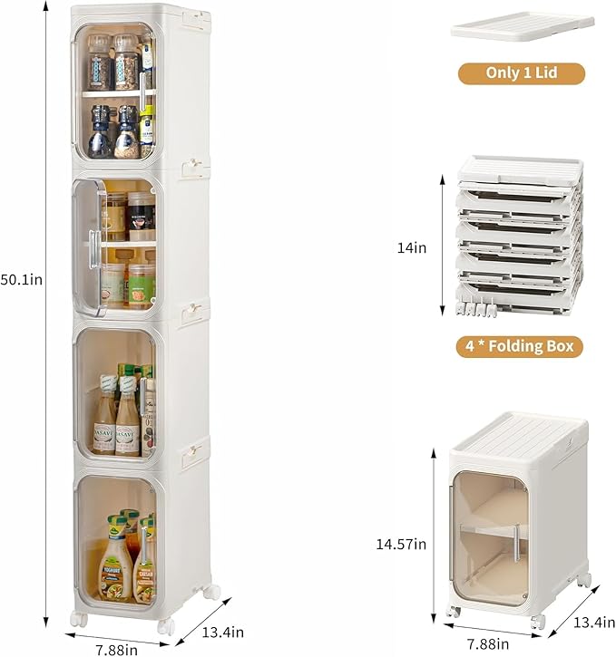 4-Tier Tall Narrow Slim Bathroom Storage Cabinet, Cream White | Tool Free Assembly, Adjustable shelves, Fits for Narrow Spaces, Lockable Wheels, Magnetic Clear Door