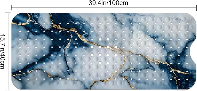 LNOND Marble Bath Tub Mat Non Slip, Extra Long 40 X 16 Inch Anti Slip Mat for Bathtub, Navy Blue Gold Marble Shower Mat with Drain Holes and Suction Cups, Machine Washable