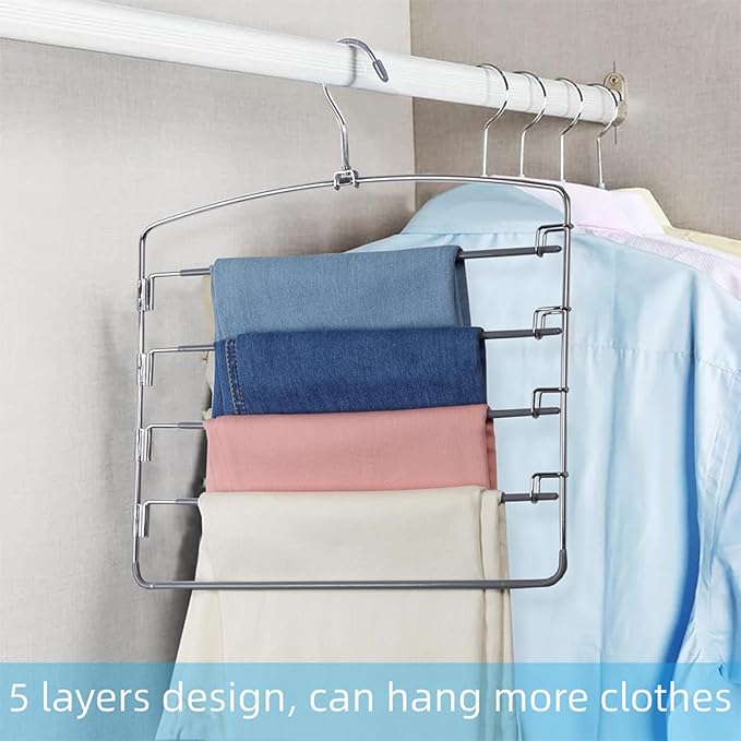 FeeraHozer Pants Hangers Space Saving 3 Pack No Slip 5 Layers Multi Functional Pants Rack Stainless Steel Swing Arm Space Saver Hanger for Trousers Jeans Towels Scarf （Grey）