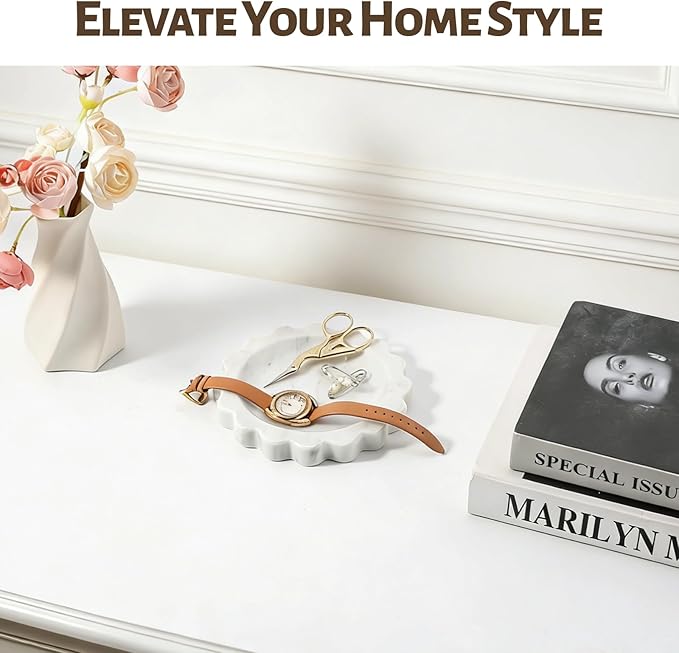 Koville 5.51" Scalloped Marble Tray, Round Stone Jewelry Trinket Dish for Ring, Natural Small Marble Tray for Bathroom Kitchen Dresser Countertop, Decorative Candle Tray(Bianco Carrara)