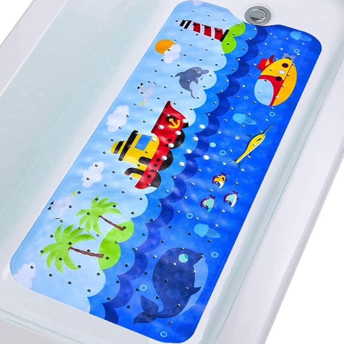 Bath Mat for Tub for Kids Non Slip Bathtub Mat for Baby Toddler Extra Long Bathroom Shower Mat with Suction Cups,Drain Holes,40X16 Inch,Ships
