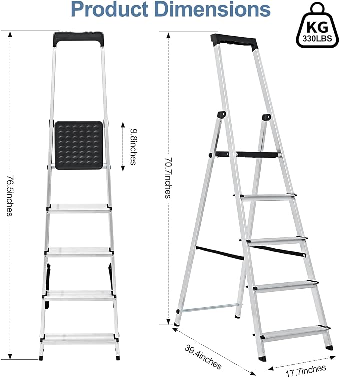 DUMOS 5 Step Ladder, 330lbs Folding Step Stool with Anti-Slip Wide Pedal Handrails, Aluminum Stool Ladders, Safety Household Ladder for Home Kitchen Courtyard Outdoor