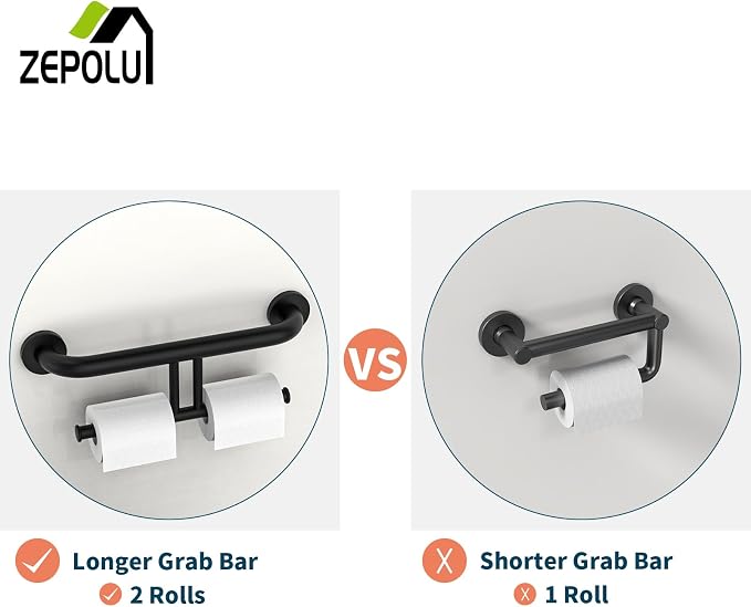Black Handicap Grab Bar w/Toilet Paper Roll Holder, Zepolu 2-in-1 Safety Assist Bar Balanced Support Handle 17 Inch, Stainless Steel Wall Mounted Bathroom Toilet Grab Bar for Senior Elderly Disabled