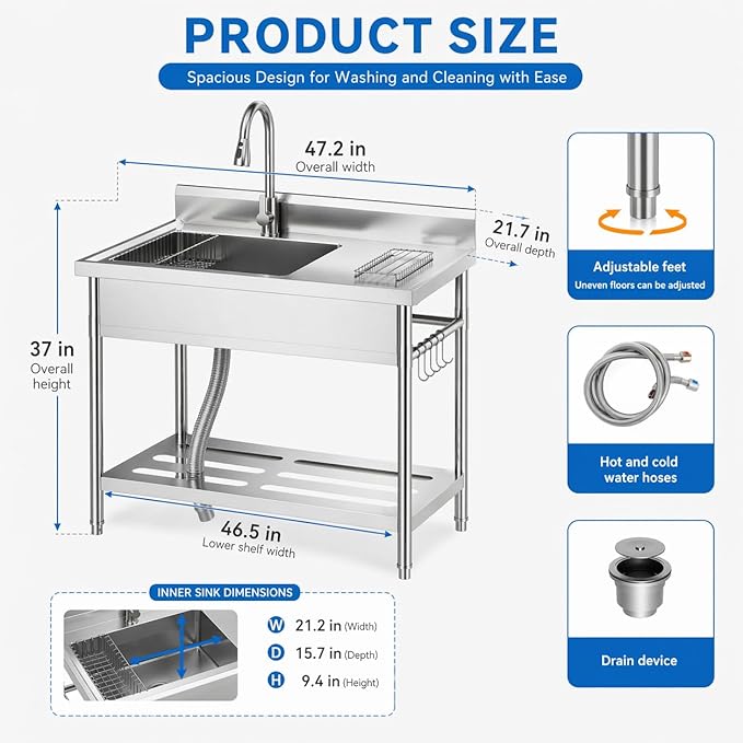 Gray Utility Sink, 47 x 22 x 37 Inch Freestanding Stainless Steel Single Bowl Laundry Sink With Pull-Down Faucet, Large Workbench Top, Modern Metallic Finish for Garage, Mudroom