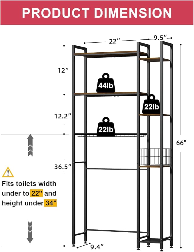 Over The Toilet Storage with Wooden Shelves and Side Rack, 7-Tier Metal Over Toilet Bathroom Organizer Freestanding Storage Shelf for Toilet Paper, Towels, Toiletries, Ideal for Small Bathroom