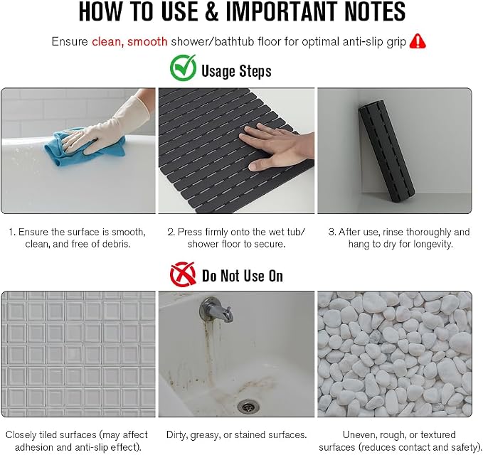 MBOSS Bath Tub Shower Mat Non Slip Bathtub Mats for Bathroom Shower Floor Mat Bath Mats for Shower Tub Anti Slip Shower Mat with Drain Hole and Large Suction Cups (Black, 27.5 X 15.7 Inch)