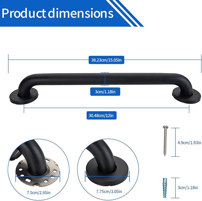 Anti-Slip Shower Grab Bar for Seniors Disabled,Bathroom Safety Bars for Wall Mount,High Load Capacity Toilet Grab Bars,Water-Resistant Shower Safety Bars for Elderly (Black Knurled, 12-inch Grab Bar)
