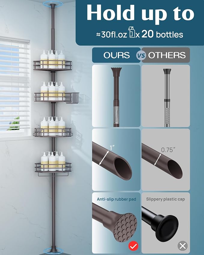 SEIRIONE Corner Shower Caddy Tension Pole, Quick Setup, Rust-Free Bathroom Shower Organizer Corner for Bathtub Shampoo Storage, 4-Tier Adjustable Shelf, Drill Free, Fits 34 to 116 Inch Height, Bronze