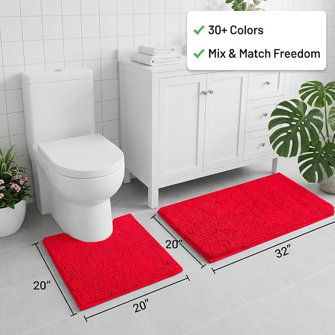 Bathroom Rugs Sets 2 Piece,Super Absorbent Chenille Bath Mats and U-Shaped Toilet Rug,Strong PVC Non Slip Backing,Microfiber Washable Dry Quickly Bath Mats for Bathroom(20"x32"+20"x20"U, Red)