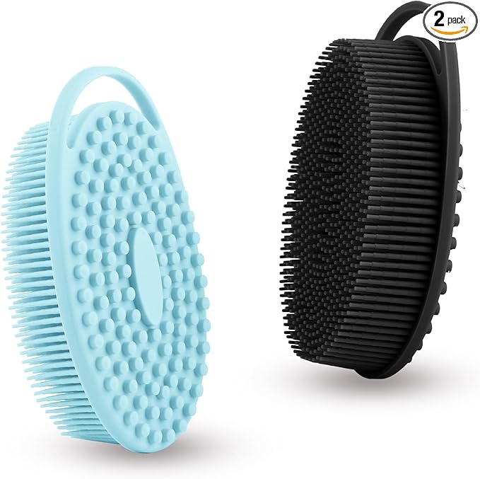 Silicone Body Scrubber, Exfoliating Silicone Body Shower, Silicone Loofah 2 in 1 Bath and Shampoo Brush, Body Scrubber Shower Cleaning Exfoliating for Sensitive Skin, Lather Well 2 PCS Black and Blue