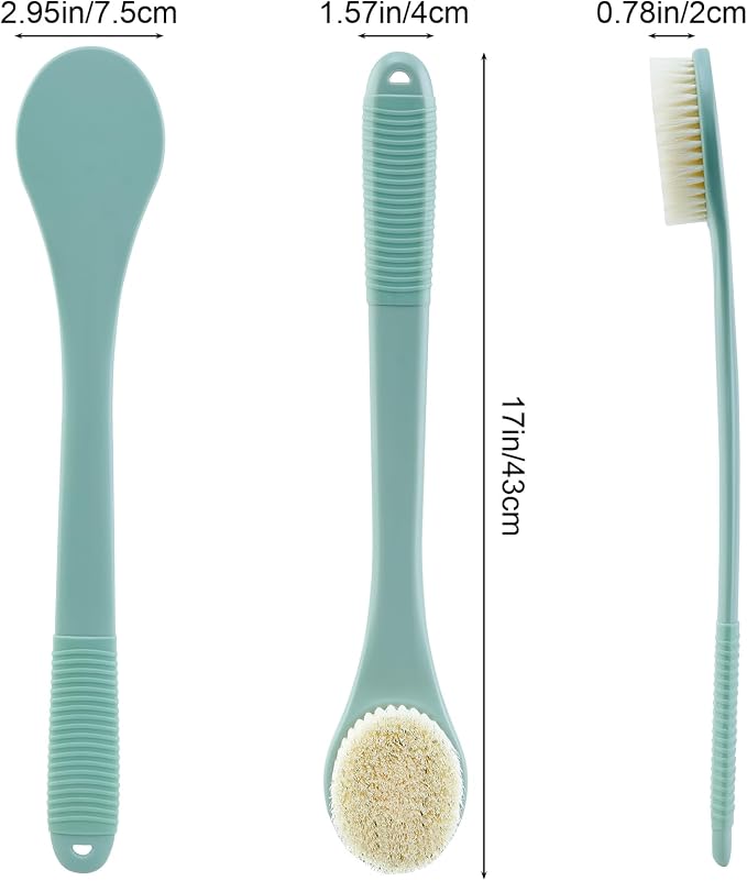 Back Scrubber for Shower, Shower Body Brush for Cleaning with Long Handle for Showering, 17 Inch Back Washer Exfoliator for Shower Men Women with Non-Slip Handle, Adhesive Hook (Pea Green)