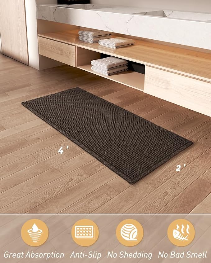 Upgraded Waffle Runner Rug Super Absorbent Non Slip Bath Mats for Bathroom Machine Washable Bathroom Runner Rug with Tassels, Ideal for Hallway Bedroom Laundry Room, Chocolate, 2'x 4'(24" x 48")
