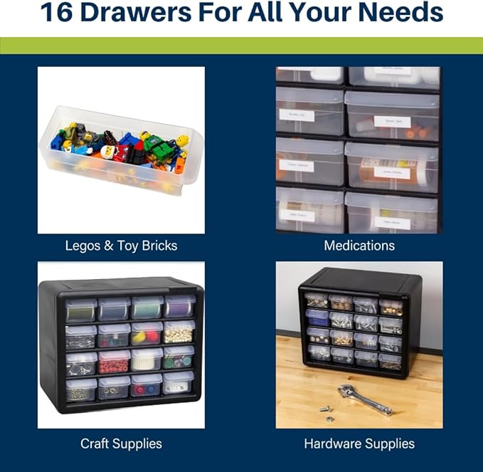 Akro-Mils 16-Drawer Plastic Storage Cabinet | 10-1/2 x 6-1/2 x 8-1/2 Inch | Black | Model 10116 | Garage Organization