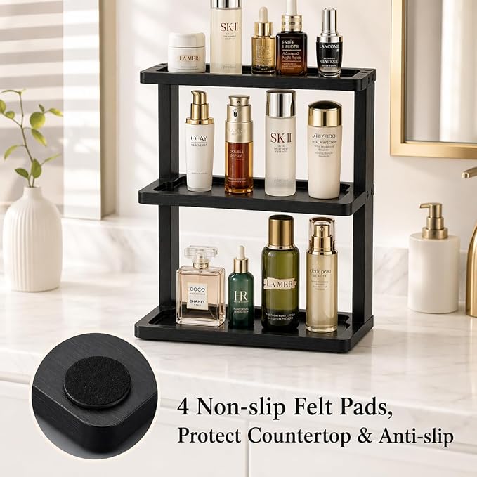 PEKER Bamboo Bathroom Organizer Countertop – Vanity Storage Shelf for Makeup, Perfume, Skincare – Natural Cosmetics Display Rack for Dresser, Sink, Kitchen – Black