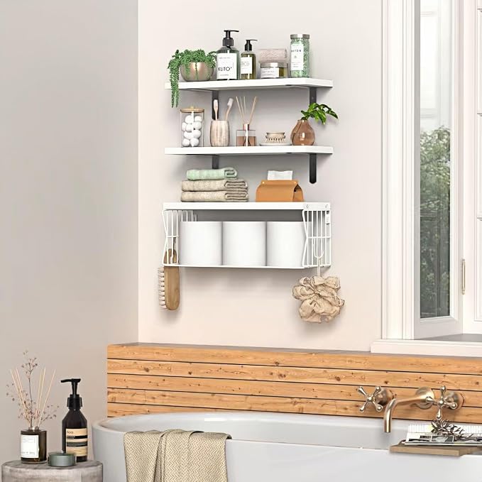 Floating Bathroom Shelves Wall Mounted - Wooden Shelf Set of 3 for Over Toilet Storage & Modern Bathroom Decor - Perfect Shelving Organizer for Apartments RVs Powder Room Restroom - White