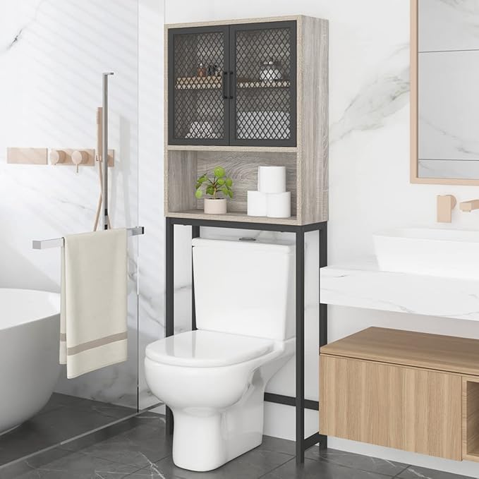 Launica Over the Toilet Storage Cabinet, Over Toilet Bathroom Organizer with Mesh Doors and Shelves, Freestanding Bathroom Storage Cabinet Above Toilet, Wood and Metal, Light Grey Oak