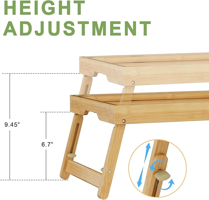 Artmeer Bed Tray Table with Folding Legs, Bamboo Breakfast Food Tray with Media Slot, Use As Platter, Laptop Desk, Snack, TV Tray Kitchen Serving Tray (Bamboo Large Adjustable Legs)