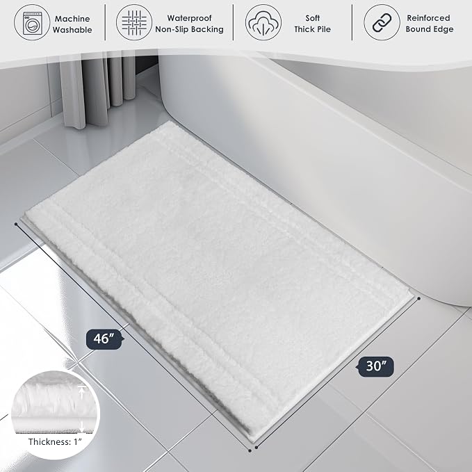PURRUGS Bathroom Rug Non-Slip Machine Washable 30" x 46", Super Absorbent and Quick Dry Shaggy Microfiber Bath Mat, Extra Soft and Plush Bath Rug for Bathtub, Shower, and Sink, White