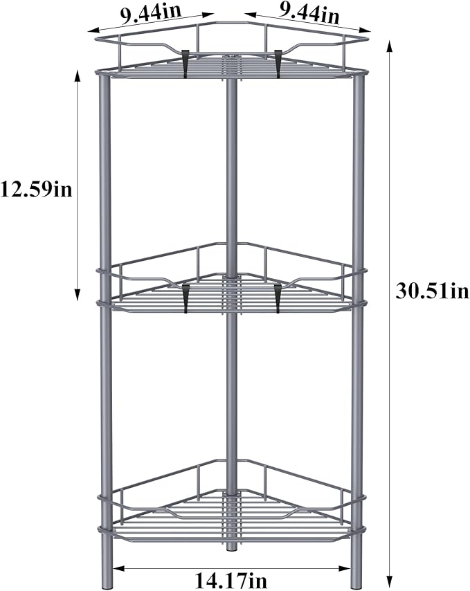 HuggieGems 3 Tier Floor Standing Corner Shower Caddy Organizer Shelf with Hooks, Bathroom Shelves Stand Rack, Dark Gray