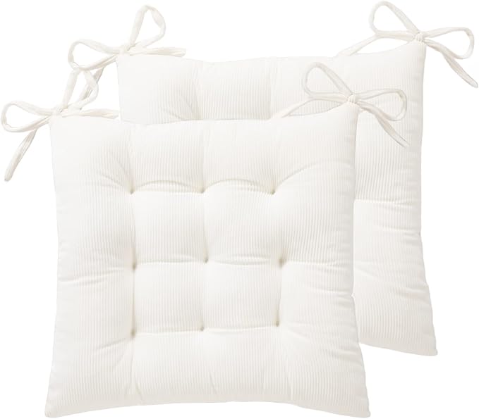 HLOVME Corduroy Chair Cushion with Ties Ultra Soft Warm Floor Cushion for Kids Reading Nook Comfortable Square Seat Cushion for Adult 15.7”x15.7” Set of 2, White