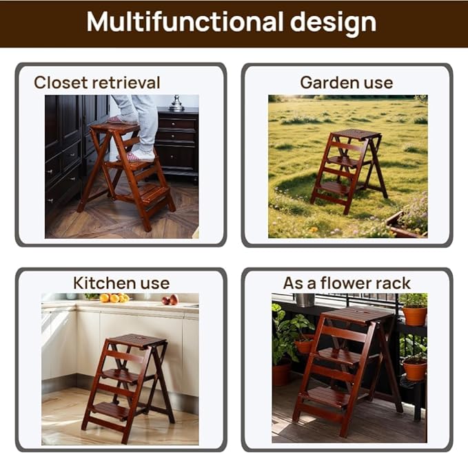 3-Step Ladder Stool, Wooden Folding Step Stool for Home & Kitchen, Solid Pine with Non-Slip Steps & Anti-Scratch Shoe Covers, 337lb Weight Capacity, Space-Saving, No Assembly Required (Walnut)