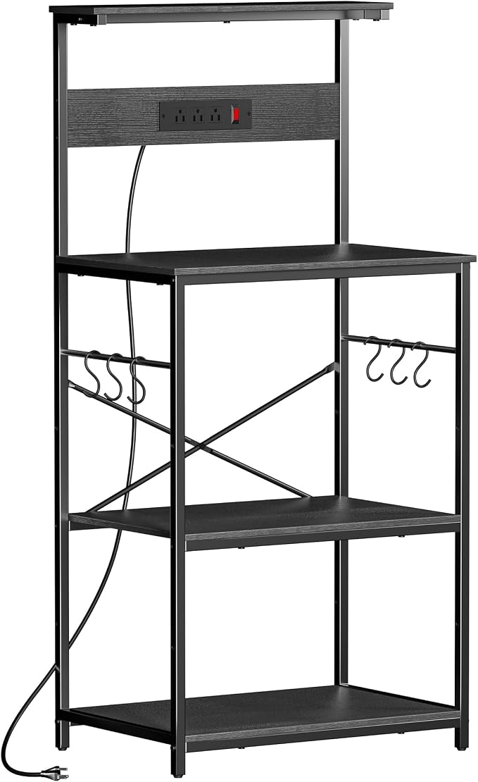 VUSIGN Kitchen Bakers Rack with Power Outlet, 4 Tiers Microwave Stand with Storage, 23.6 Inch Coffee Bar Station with 6 S Hooks, Adjustable Shelf Rack for Pots/Pans/Spices, Black