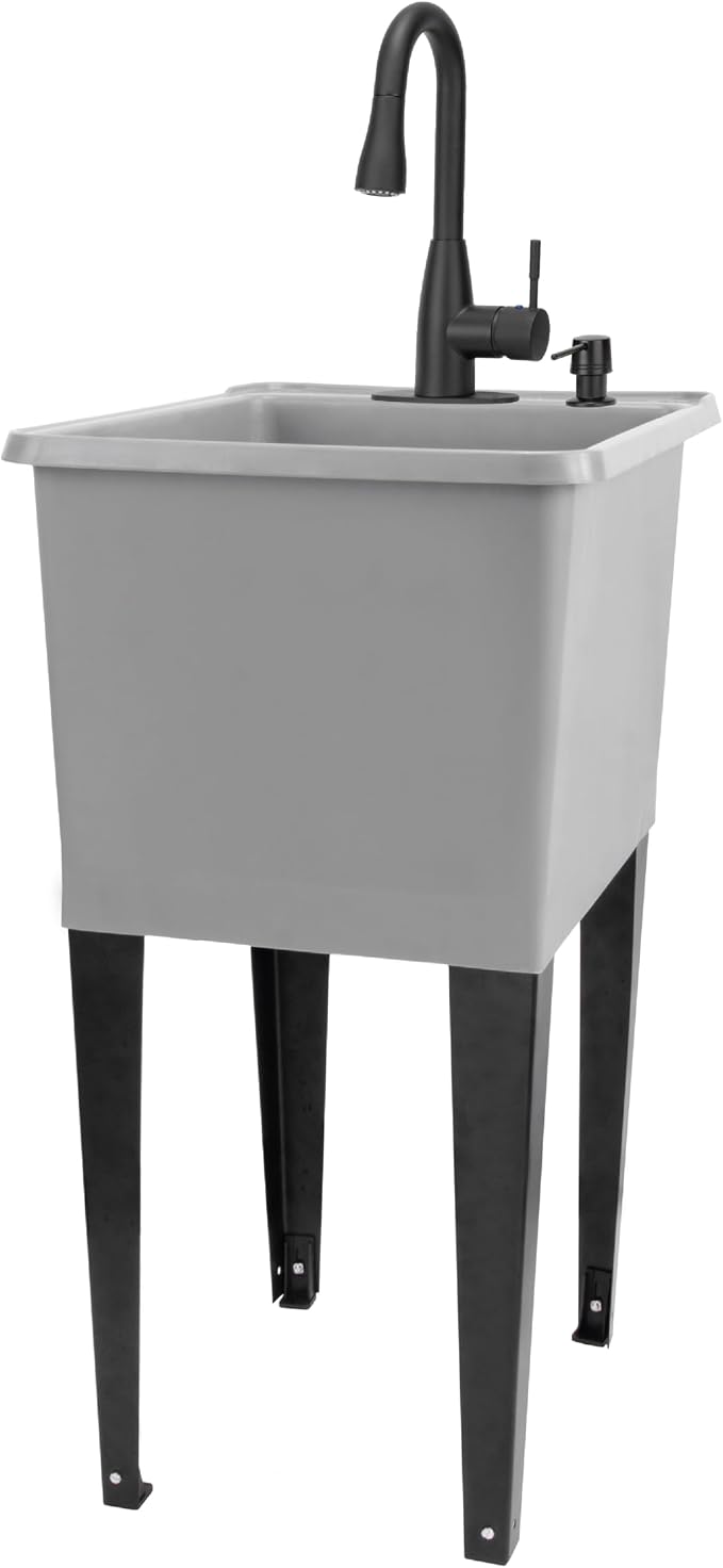 Grey Space Saver Utility Sink by JS Jackson Supplies, Freestanding Tehila Space Saving Laundry Tub, Matte Black Pull-Down Faucet, Soap Dispenser