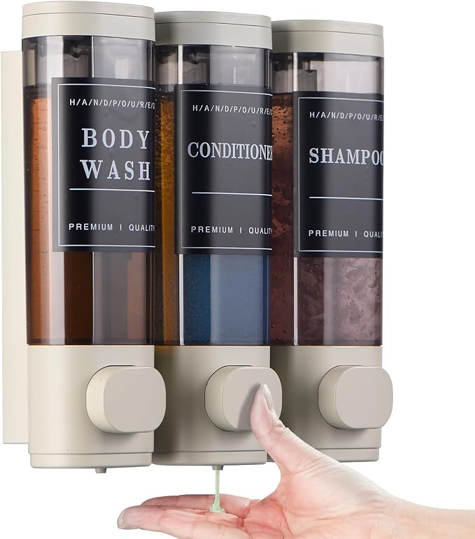 Shampoo and Conditioner Dispenser,Shower Soap Dispenser 3 Chamber No Drill Wall-Mounted Shampoo Dispenser for Shower Wall Mounted Shower Dispenser for Bathroom Hotel Large Capacity,Light Gray
