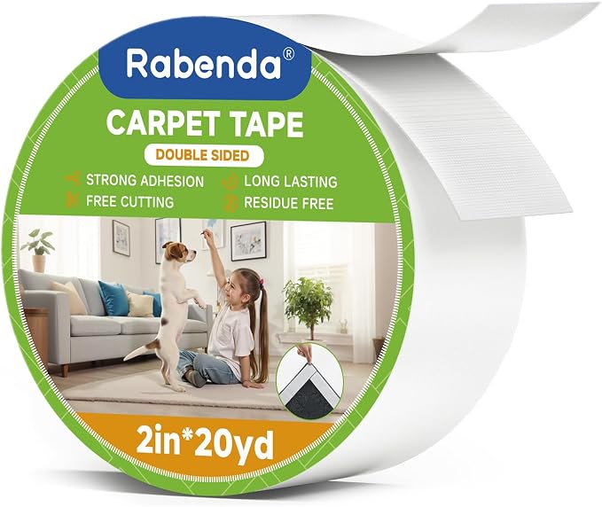 Rabenda Double Sided Carpet Tape - 2 Inch x 20 Yards Removable Rug Tape for Hardwood Floors, Tile & Laminate - No Residue Strong Hold Anti Slip Gripper for Area Rugs, Mats & Carpets